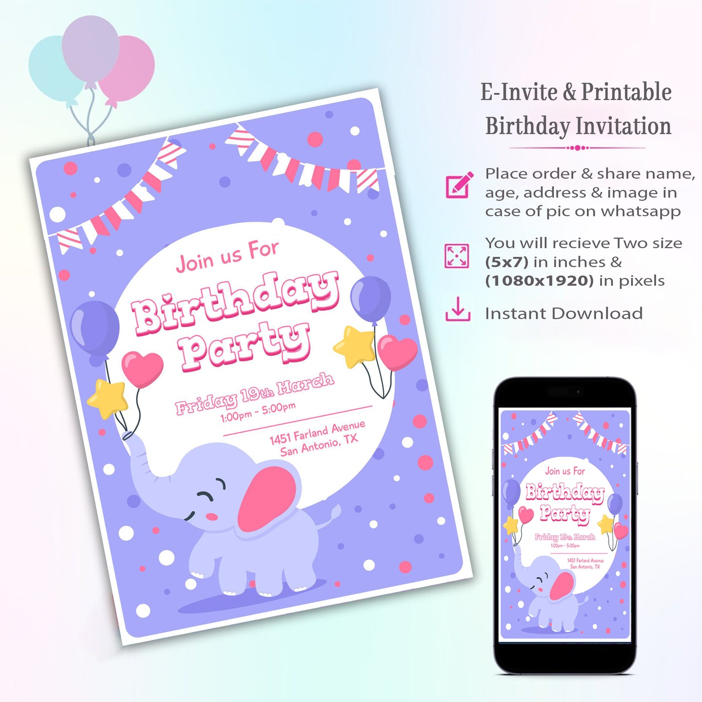 Elephant Theme Invitation for Birthday