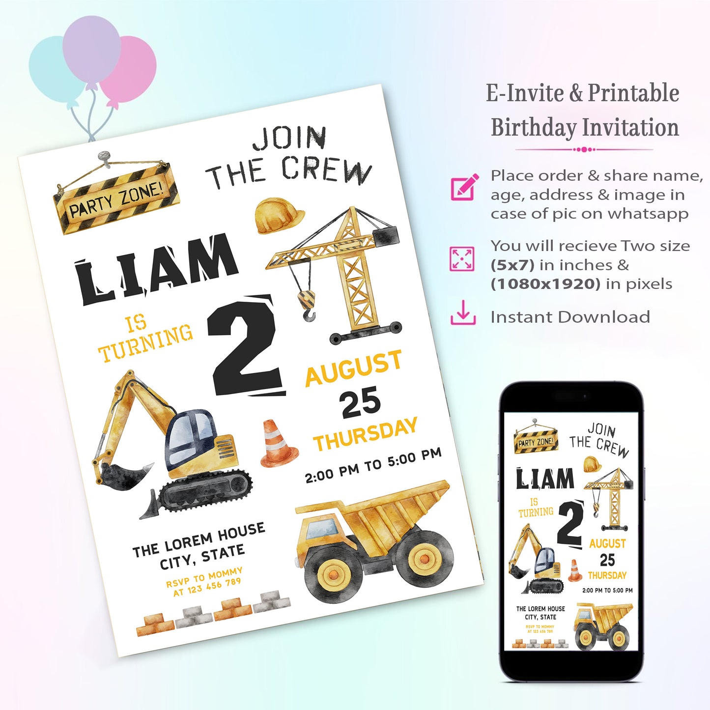 Construction Theme Invitation for Birthday