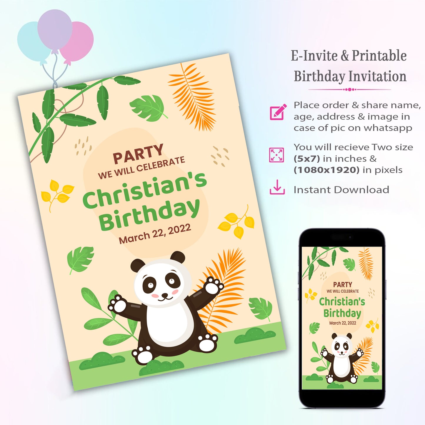 Panda Theme Invitation for Birthday