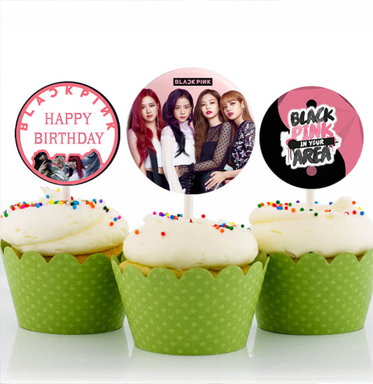 Black Pink Theme Birthday Party Cupcake Toppers for Decoration