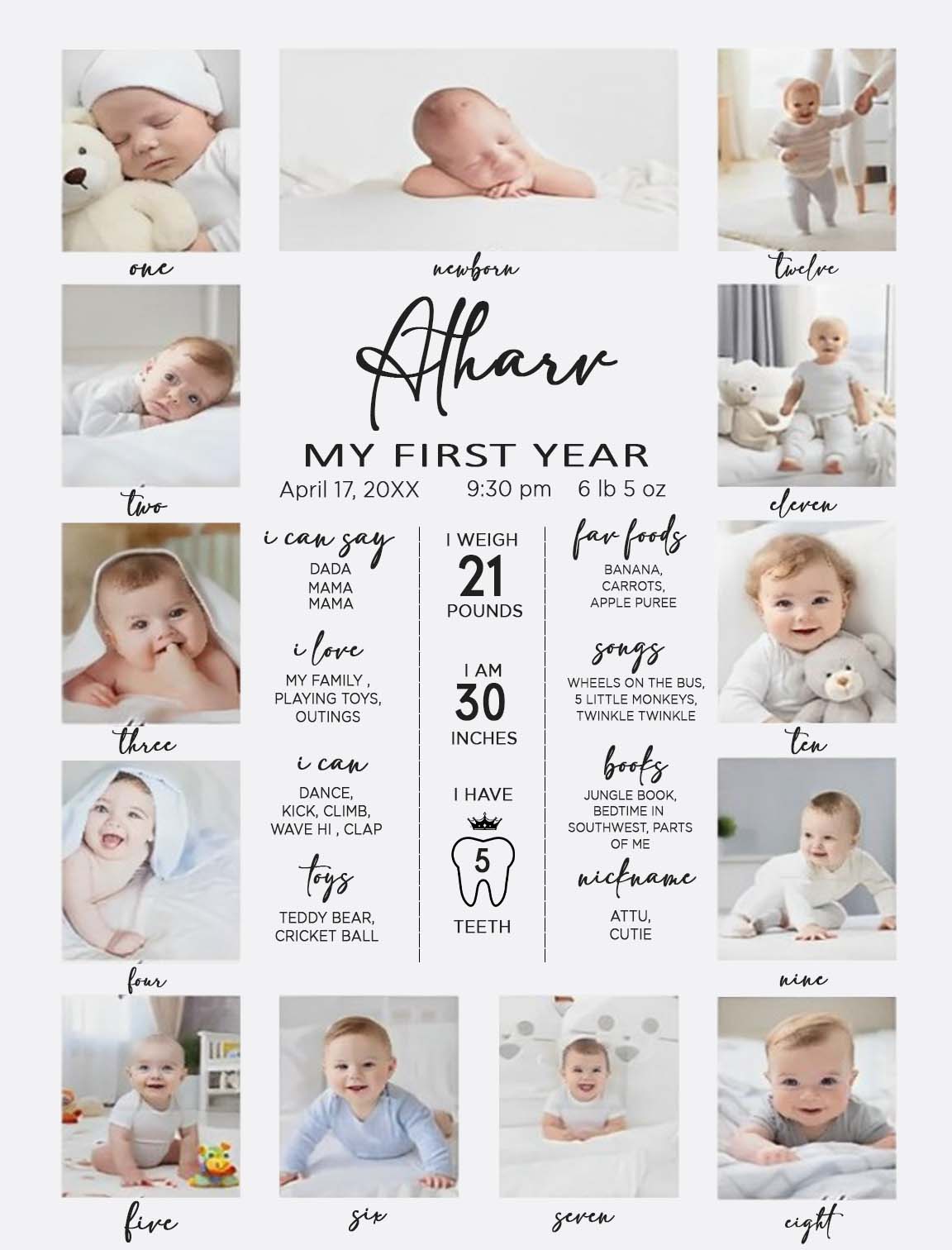My First Year Customized Milestone Board for Kids Birthday Party(New Born -12 months)