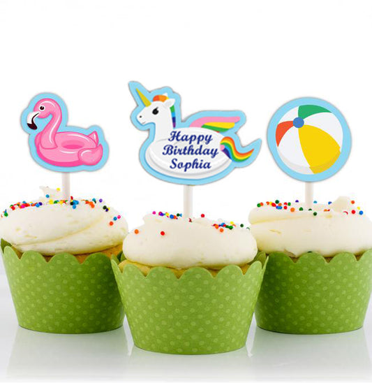 Pool Party Birthday Cupcake Toppers for Decoration