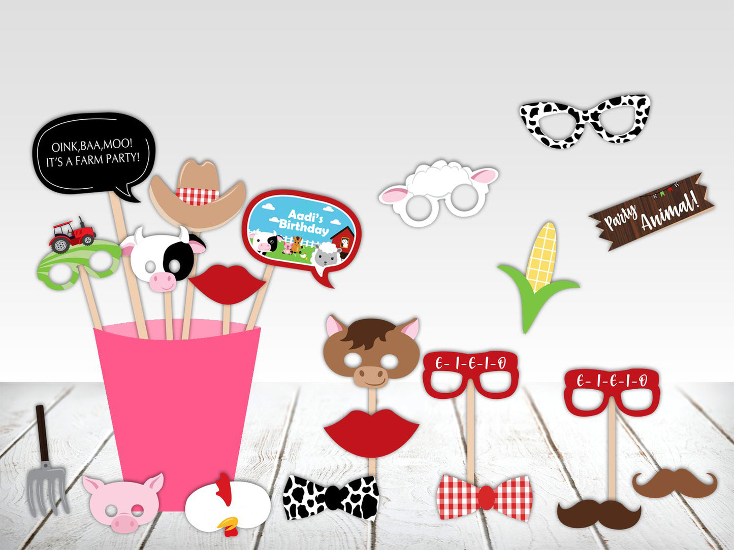 Farm Animal Theme Birthday Party Photo Booth Props Kit