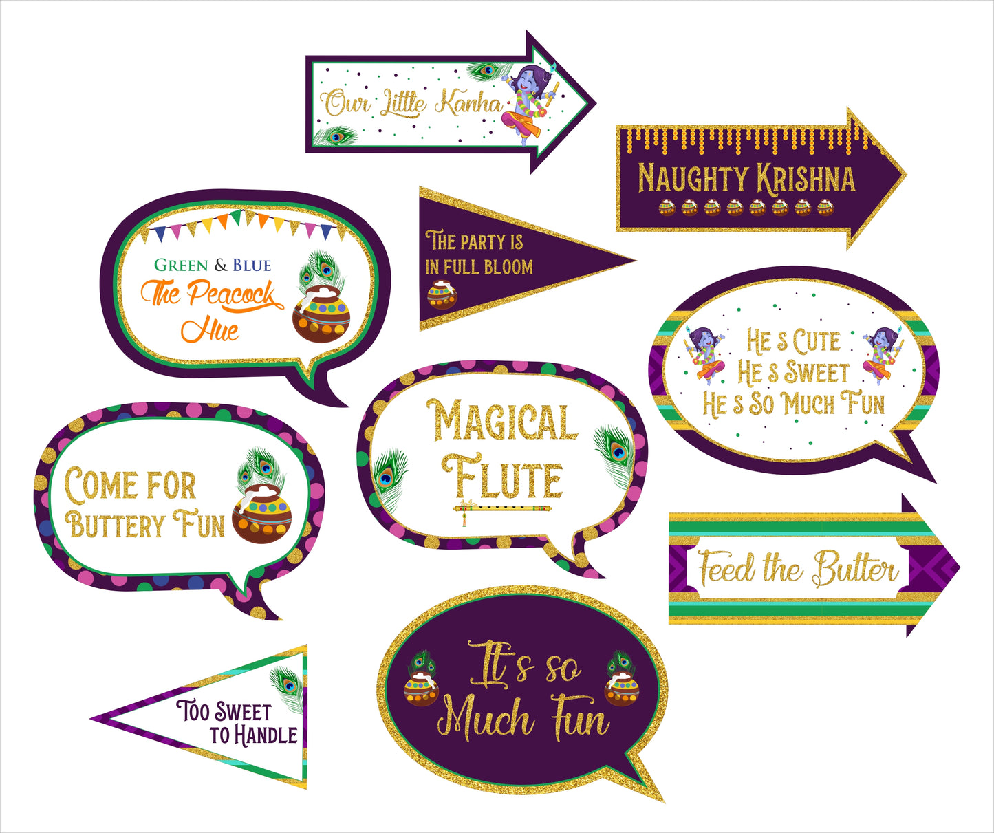 “Little Krishna /Janmashtami"- Party Photo Booth Props Kit- Set Of 10