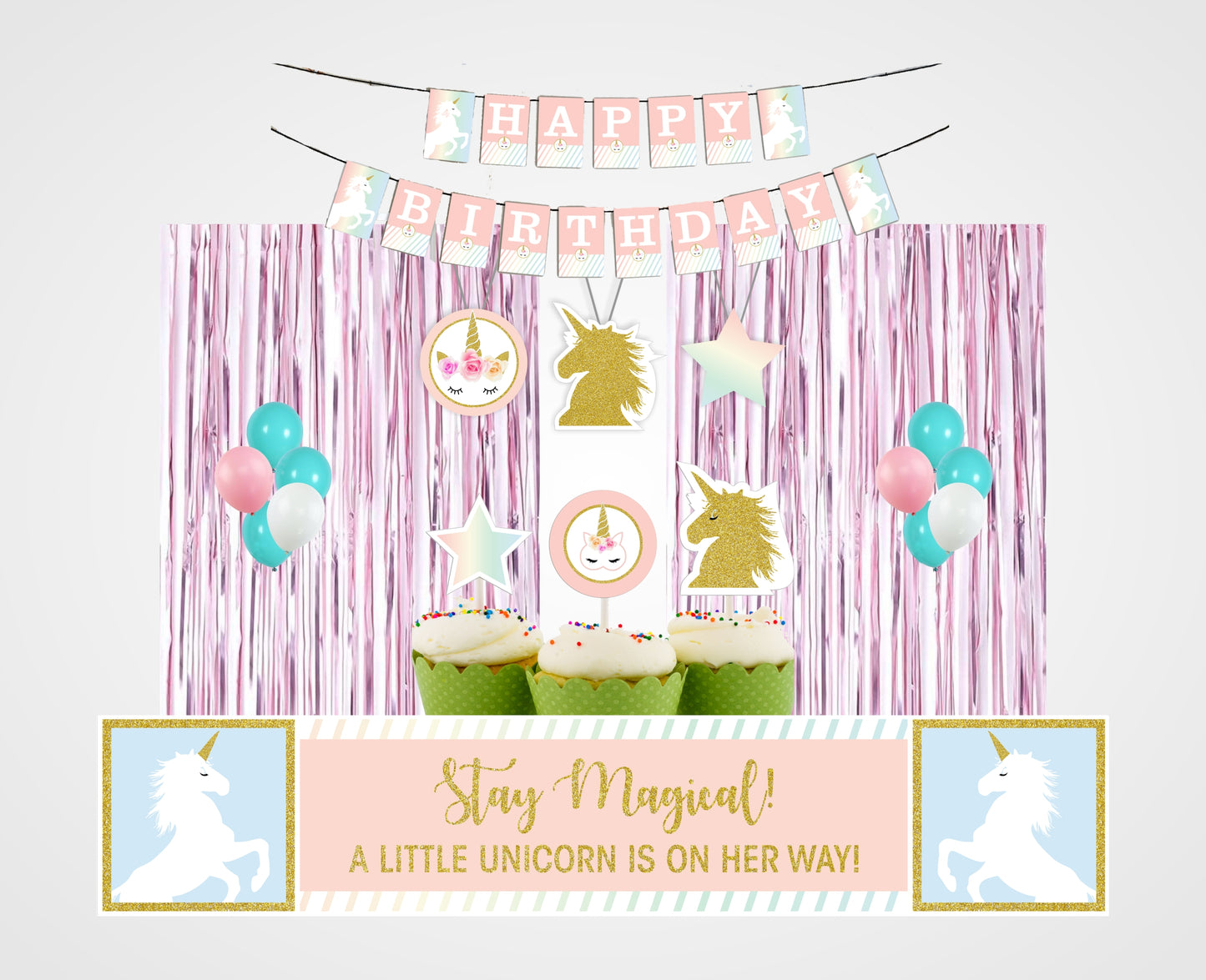 Unicorn Theme Complete Party Kit with Backdrop & Decorations