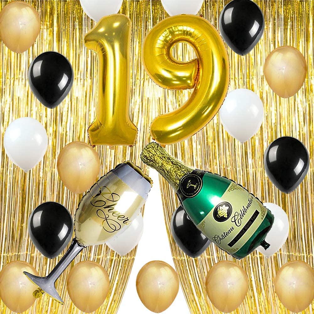 Party Decorations Supplies, Number 1 and 9 Balloons Gold Foil Fringe Curtains Backdrop Props Champagne Bottle Wine Glass Balloons Decoration for Bachelor Celebration (19th Birthday)