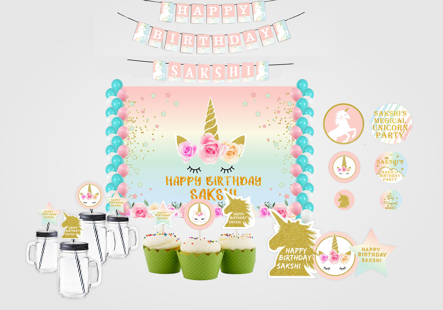 Unicorn Theme Complete Party Kit with Backdrop & Decorations