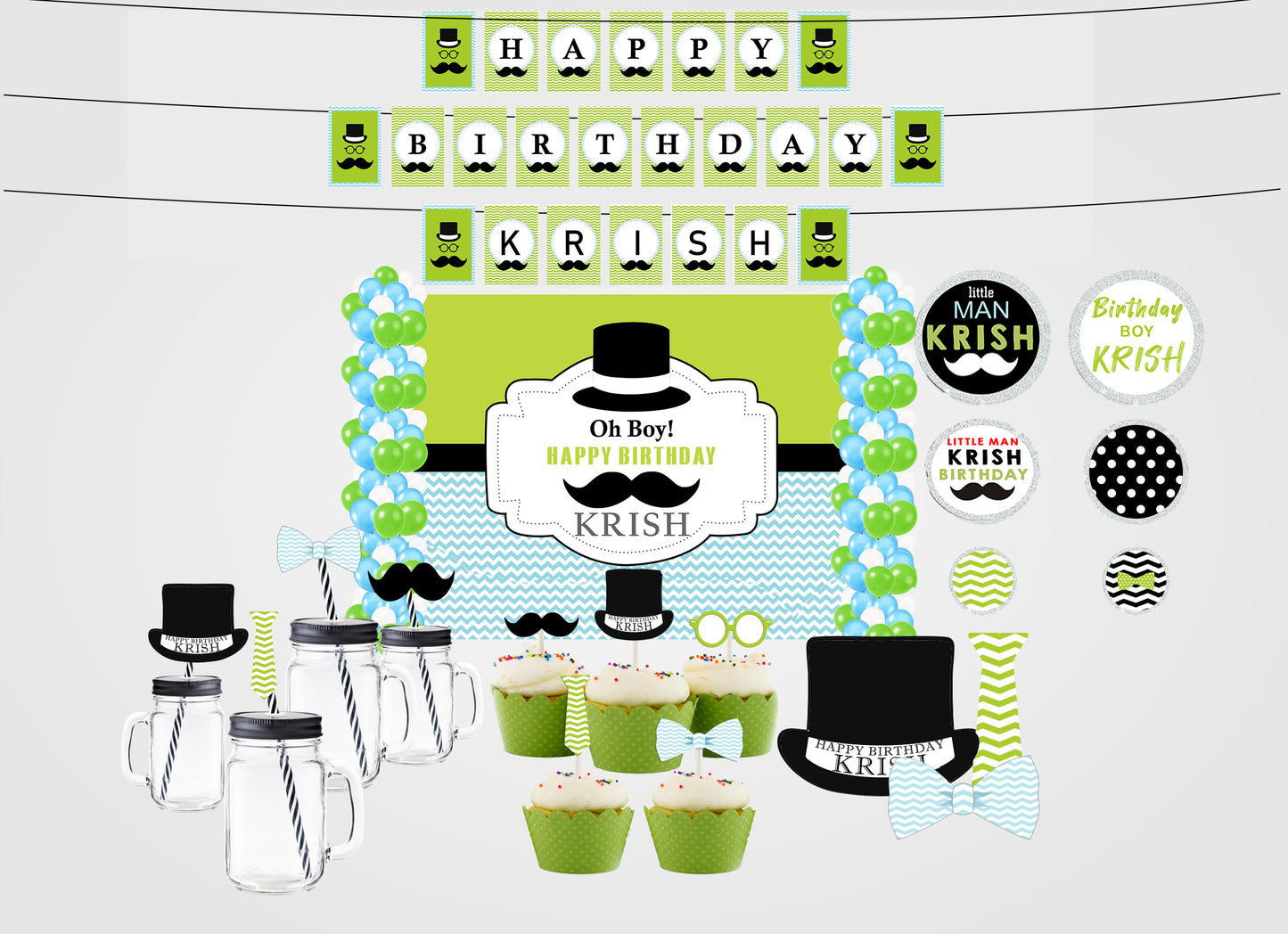 Little Man Theme Birthday Complete Party Kit with Backdrop & Decorations