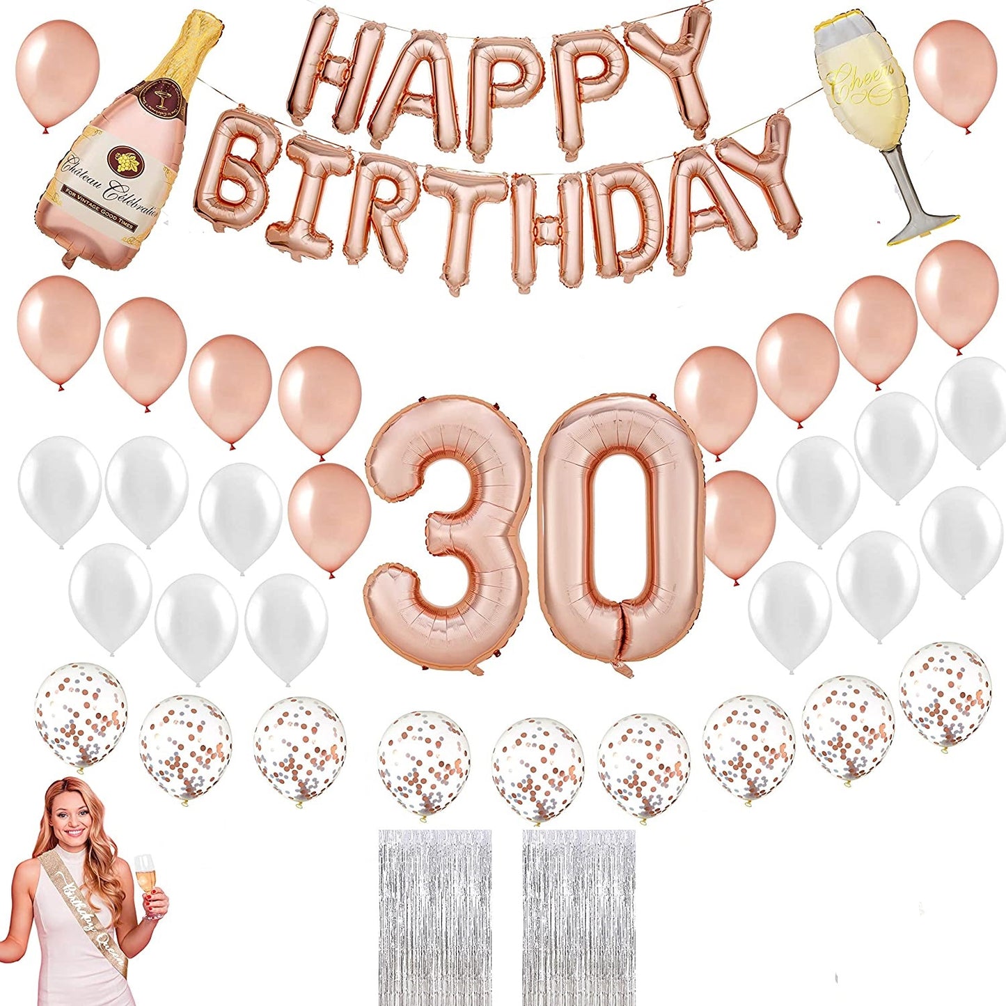 30th Birthday Decorations for Women in Rose Gold and Silver