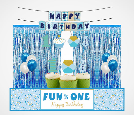 One Is Fun  Decoration Kit With Foil Curtain (Boys)