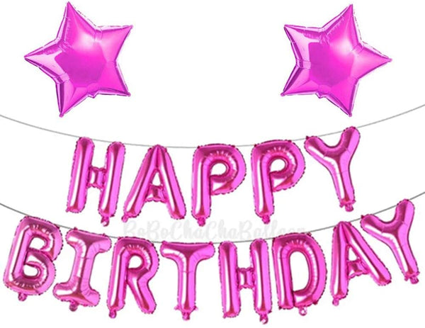 Happy Birthday Balloon Banner Self Inflated Pink 16 inch Letters Foil & 2 Pack Large 18 Inch Pink Stars Ballloons for Girls Women Birthday Party Decorations Supplies