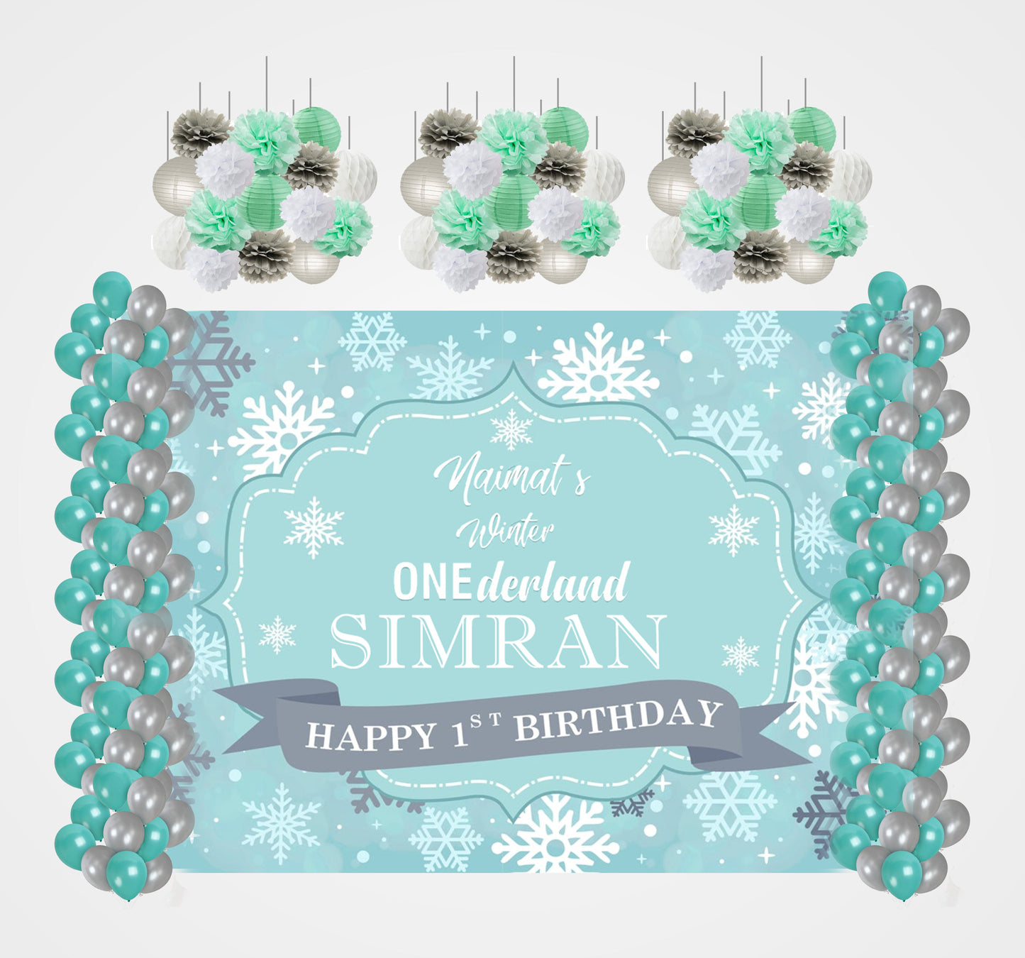 Winter Wonderland Theme Birthday Party Decoration Kit with Backdrop & Balloons