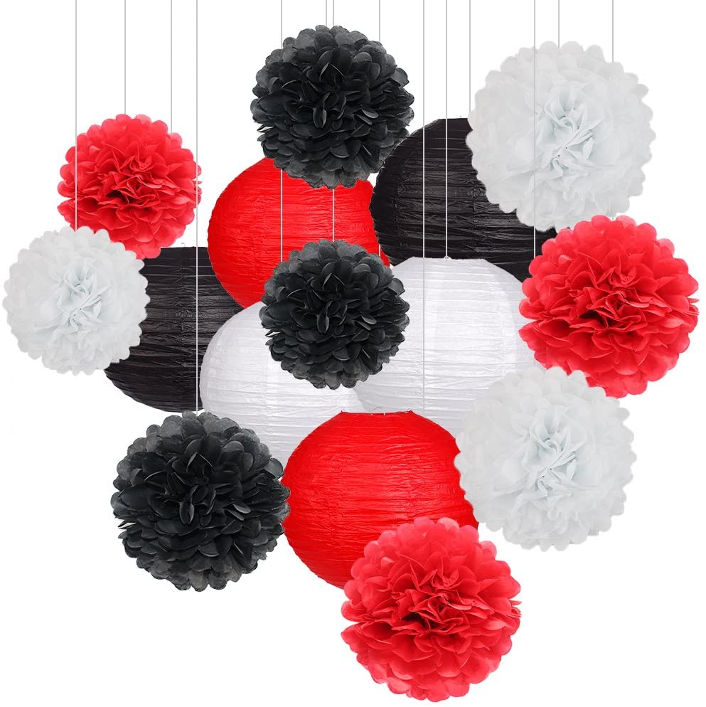 Red, Black And White Tissue Paper Pom Poms And Paper Lanterns -Casino Party, Movie party Decorations