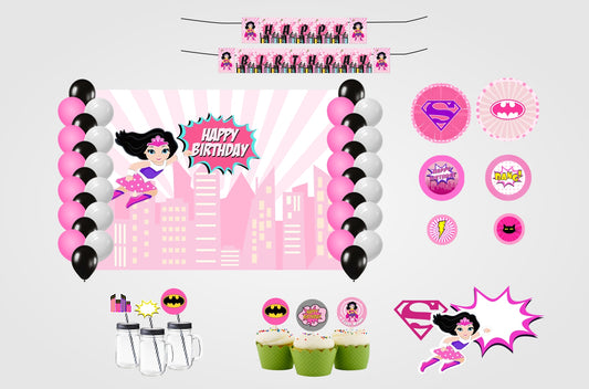 Super Girl Theme Birthday Party Combo Kit with Backdrop & Decorations