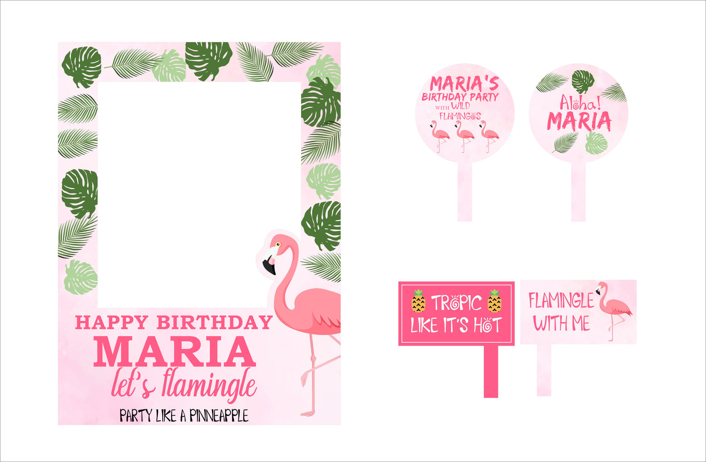 Flamingo Theme Birthday Party Selfie Photo Booth Frame & Props