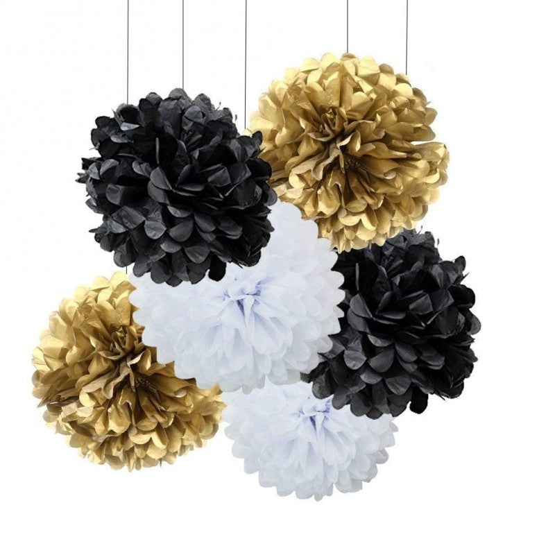 White Golden And Black Pom Pom Flower Decoration -Anniversary Parties & Milestone Birthday