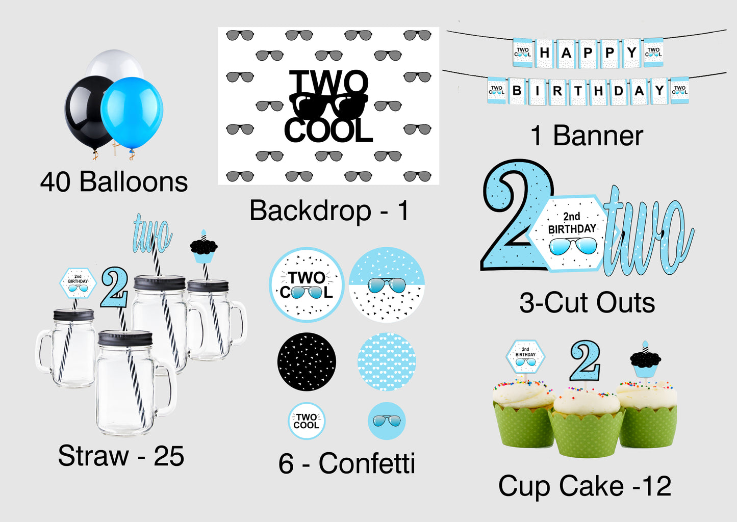 Two Cool Theme Birthday Complete Party Kit with Backdrop & Decorations