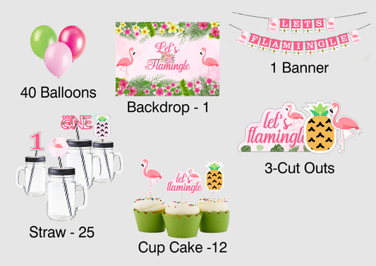 Flamingo Theme Birthday Complete Party Kit with Backdrop & Decorations