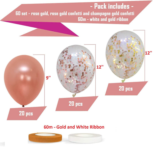60 Pack Rose Gold Balloons + Confetti Balloons Ribbon | Rose Gold Balloons for Latex Party Balloons | Graduation, Engagement, Wedding