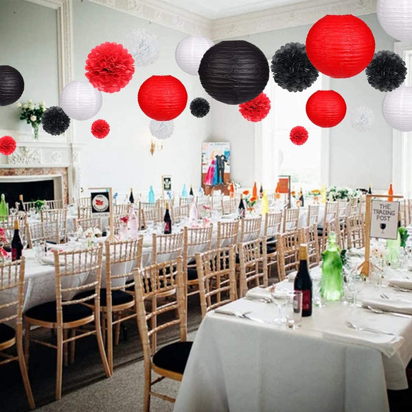 Red, Black And White Tissue Paper Pom Poms And Paper Lanterns -Casino Party, Movie party Decorations