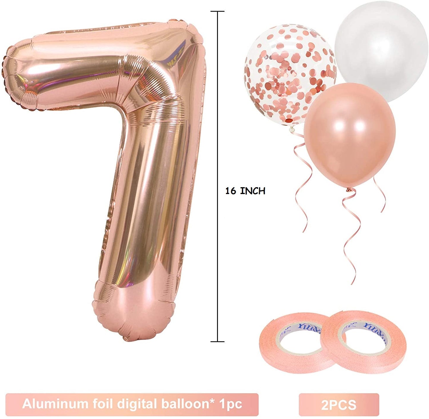 16 Inch Rose Gold Number 7 Balloon, Large Helium Balloon Birthday Party Decorations for Girls, Rose Gold Latex Balloons, 2 Year Party Supplies for Baby Shower Birthday Celebration