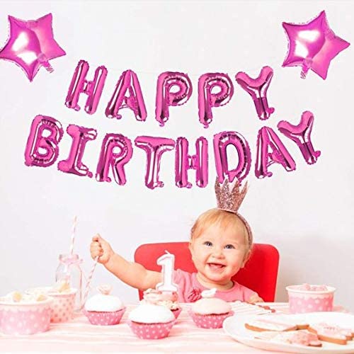 Happy Birthday Balloon Banner Self Inflated Pink 16 inch Letters Foil & 2 Pack Large 18 Inch Pink Stars Ballloons for Girls Women Birthday Party Decorations Supplies
