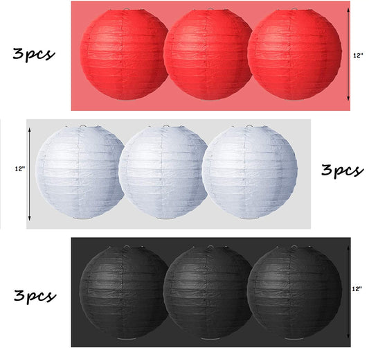 Red, Black And White Paper Lanterns -12"Inch Great For Casino Parties, Micky Mouse Birthday Parties