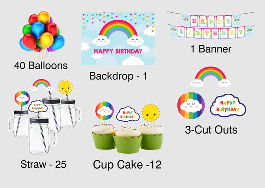 Rainbow Theme Birthday Complete Party Kit with Backdrop & Decorations
