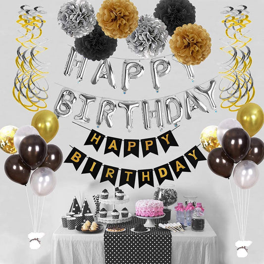 Birthday Party Supplies with Happy Birthday Balloons Banner and Paper Banner Gold and Black for Boys Girls 16th 18th 20th 21st 30th 40th 50th 60th Party Supplies