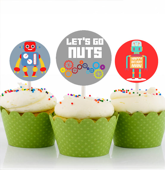 Robot Theme Birthday Party Cupcake Toppers