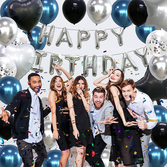 Navy Blue Black and Silver Party Decorations for Silver Happy Birthday Banner Love and Star Foil Balloon Dark Blue for Little King Baby Shower Decorations