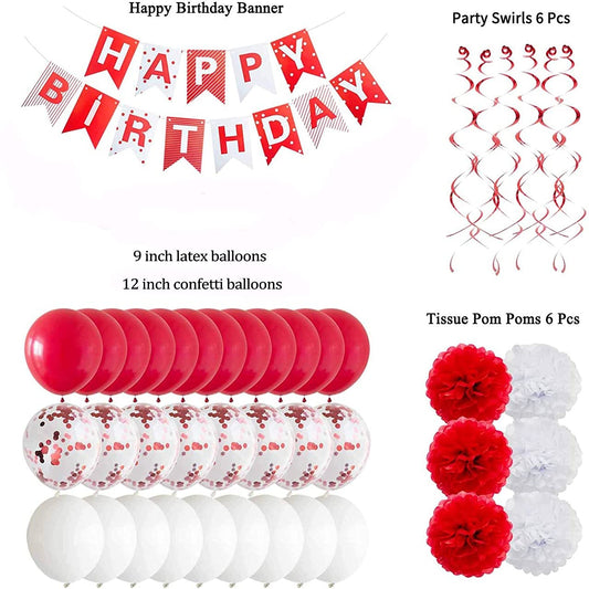 Red and White Happy Birthday Party Decorations with Banner 30 Pcs Balloons