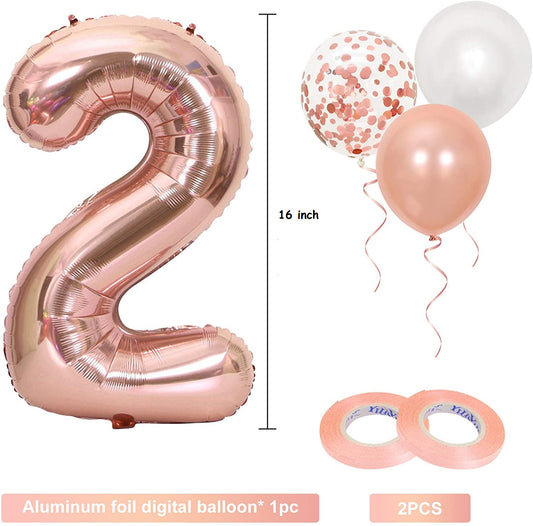 16 Inch Rose Gold Number 2 Balloon, Large Helium Balloon Birthday Party Decorations for Girls, Rose Gold Latex Balloons, 2 Year Party Supplies for Baby Shower Birthday Celebration