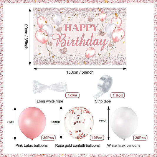 Happy Birthday Party Decorations Supplies Birthday Party Banner Balloons for Women and Girls Happy Birthday Backdrop Sweet 16 Photography Background Photo Booth (Happy Birthday)