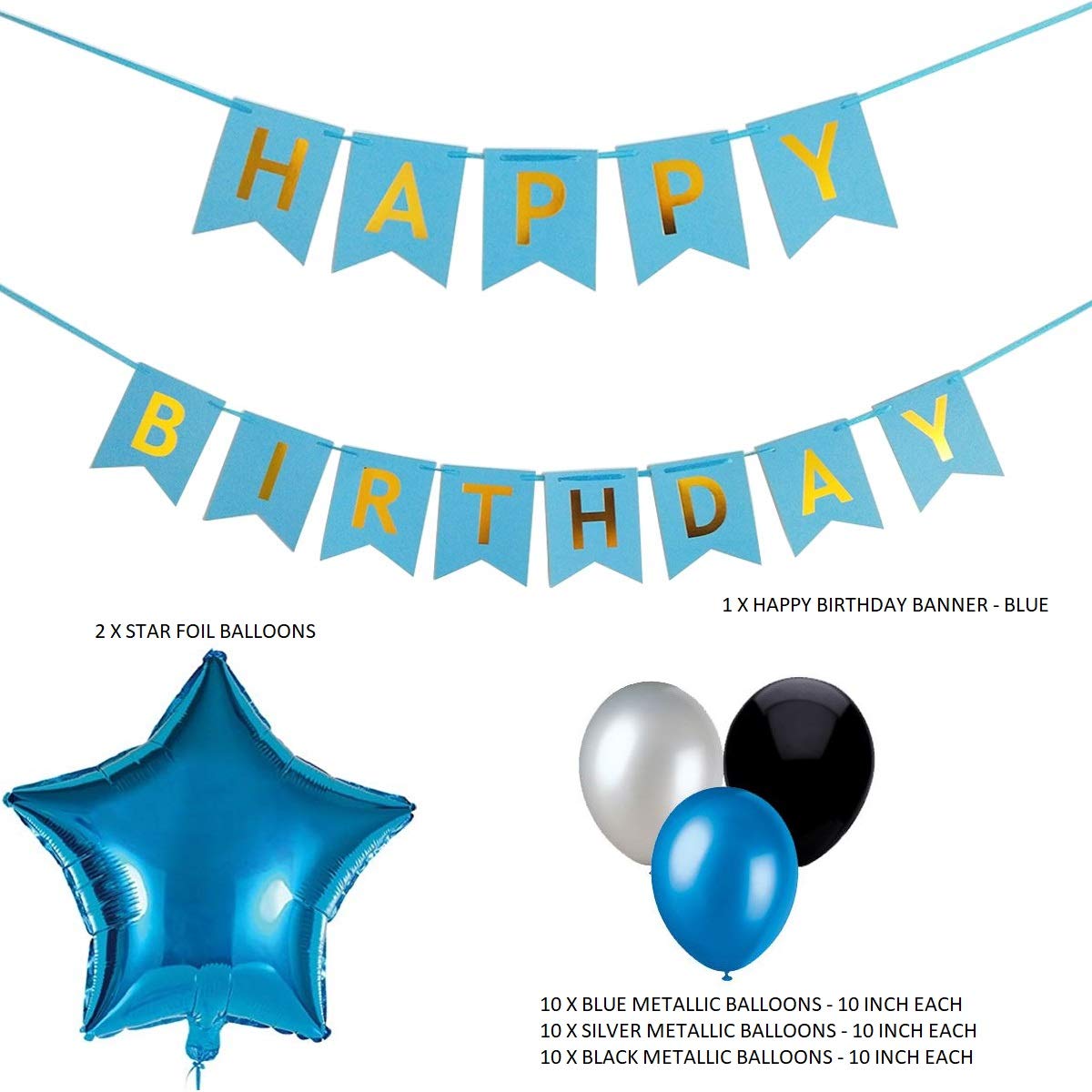 Blue and Silver Black with Blue Star foil Happy Birthday Banner Party Decorations
