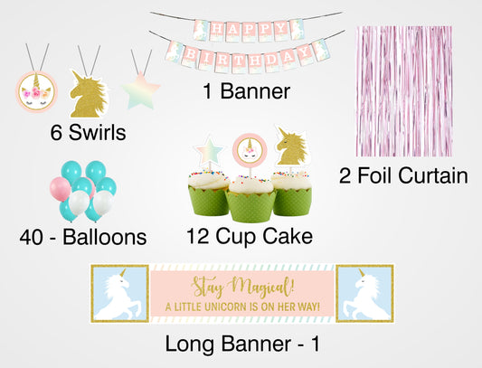 Unicorn Theme Complete Party Kit with Backdrop & Decorations