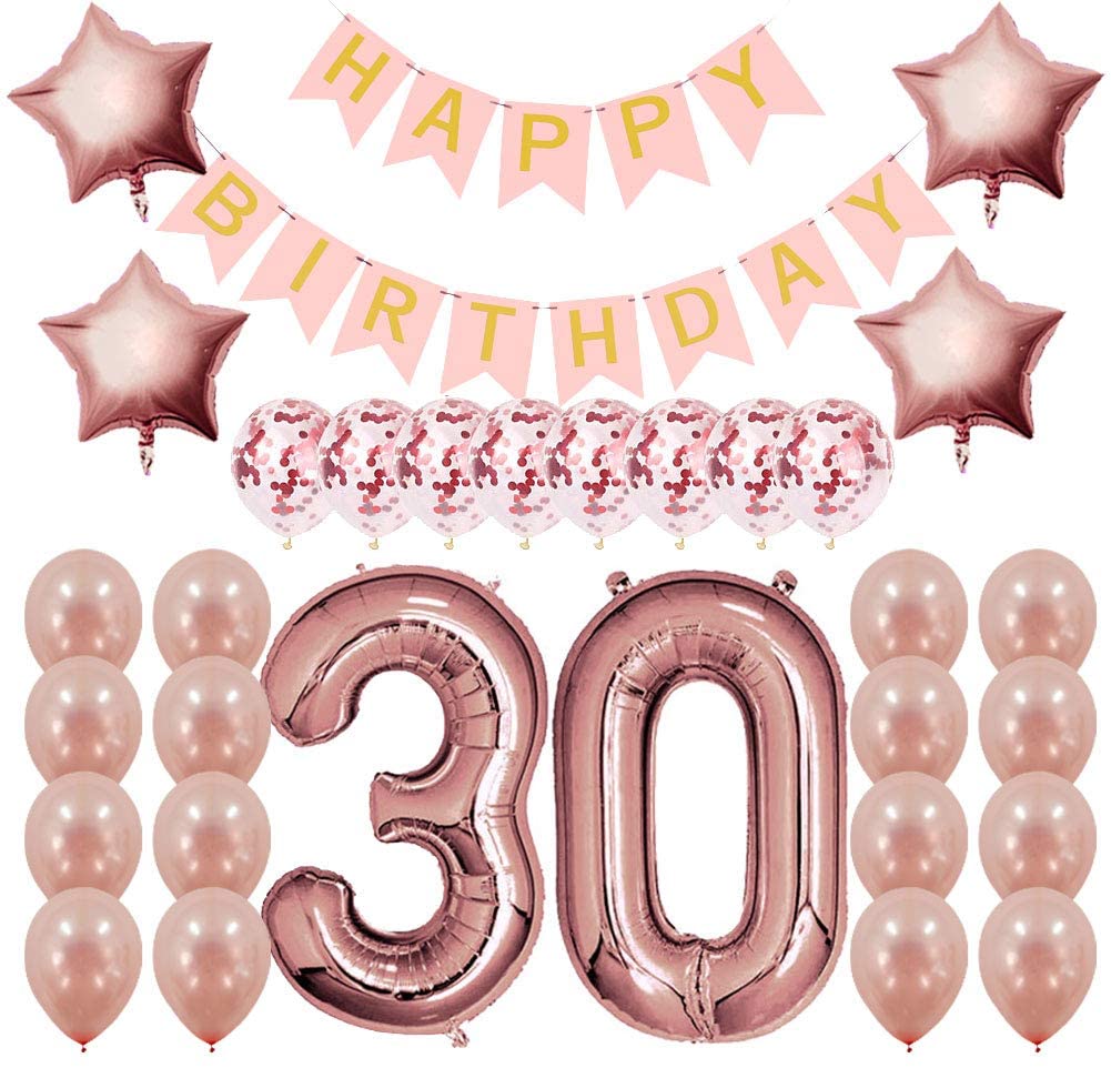 Rose Gold Sweet Party Supplies - Sweet Gifts for Girls - Birthday Party Decorations - Happy Birthday Banner, Number and Confetti Balloons (30th Birthday)