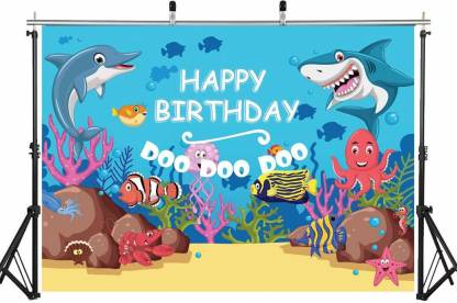 Personalize Shark Birthday Party Backdrop Banner