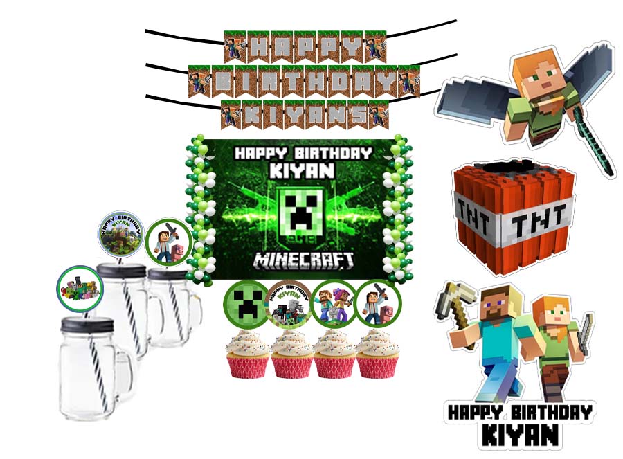 Minecraft Theme Birthday Party Combo Kit with Backdrop & Decorations