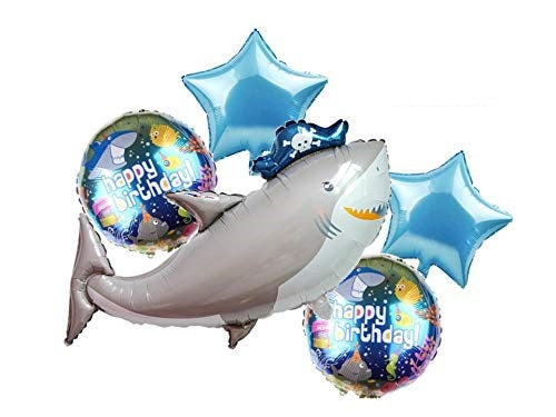 Shark Birthday Party Decoration – Combo Pack Of 50, Silver Happy Birthday Foil Banner & Silver And Blue Shark Theme Decoration Items