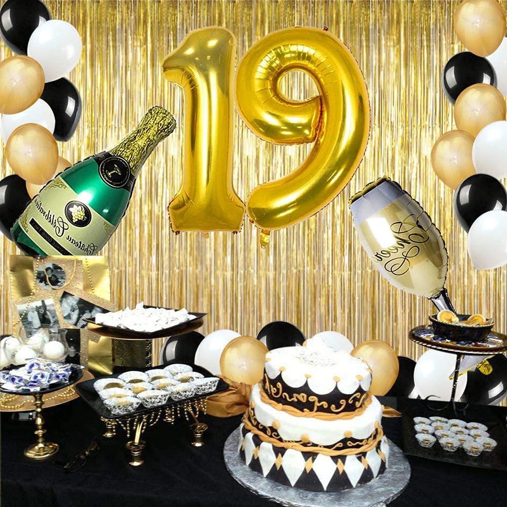 Party Decorations Supplies, Number 1 and 9 Balloons Gold Foil Fringe Curtains Backdrop Props Champagne Bottle Wine Glass Balloons Decoration for Bachelor Celebration (19th Birthday)