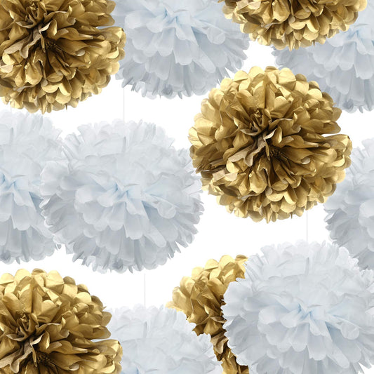 Gold And White Pom Pom Flower Decoration For Birthday Parties, Anniversary Party & Baby Shower