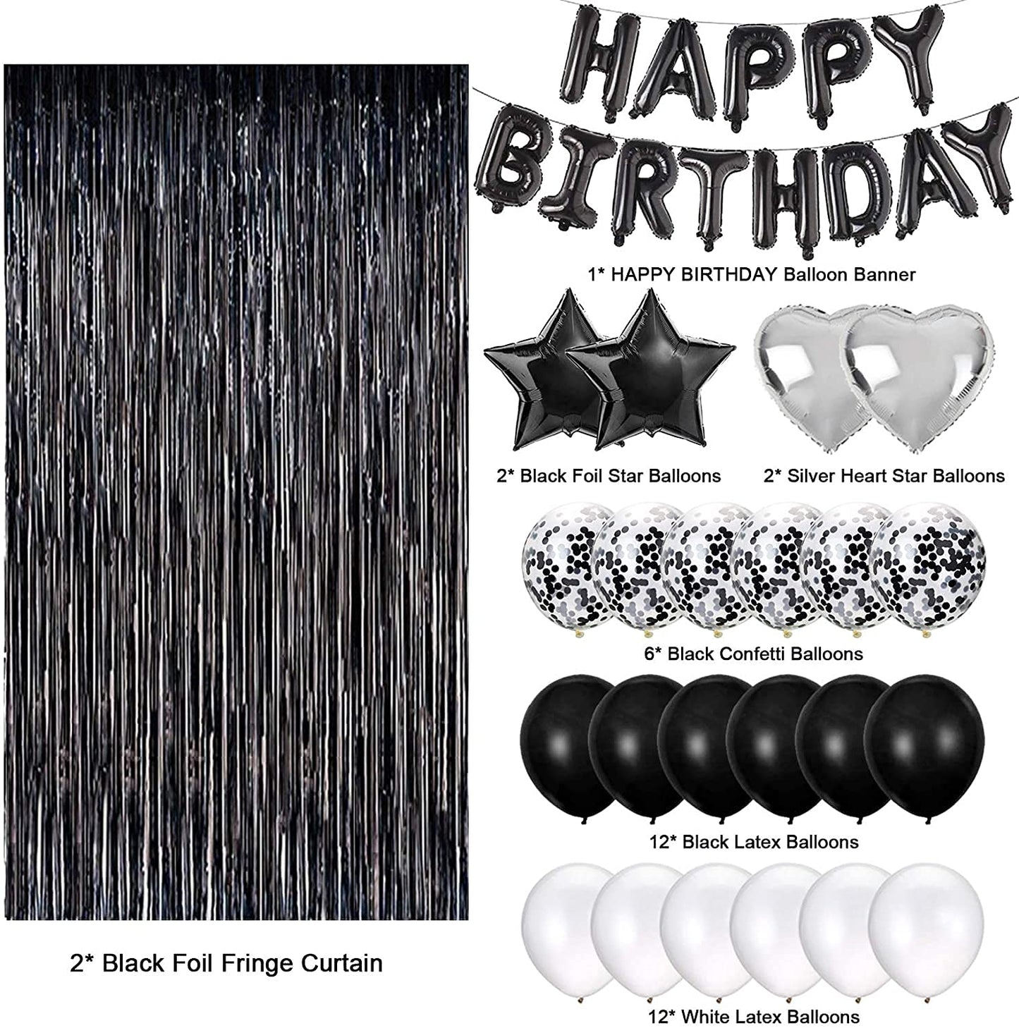 Black Birthday Party Decorations Set with Happy Birthday Balloons Banner, Confetti Balloons, Foil Fringe Curtain for Birthday Party Supplies (Birthday)
