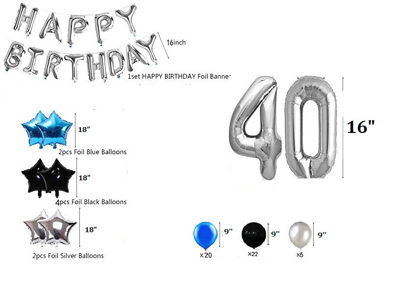40th Birthday Decorations Party Supplies Blue Silver and Black