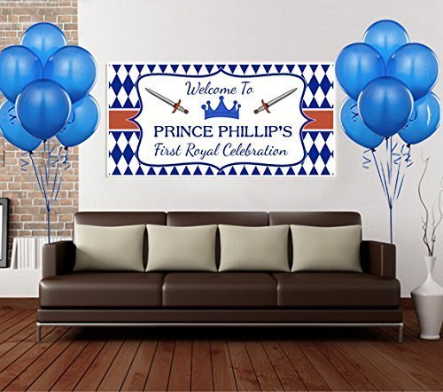 Personalize Royal Blue And Gold Prince Crown Birthday Party Backdrop Banner
