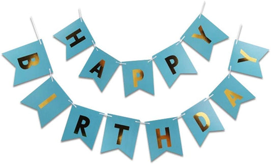 Blue Gold Foiled Happy Birthday Bunting Banner Party Decor Home Decor For Home