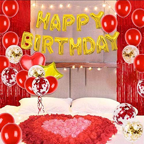 Happy Birthday Balloon Set With Red Foil Curtains For Birthday Party