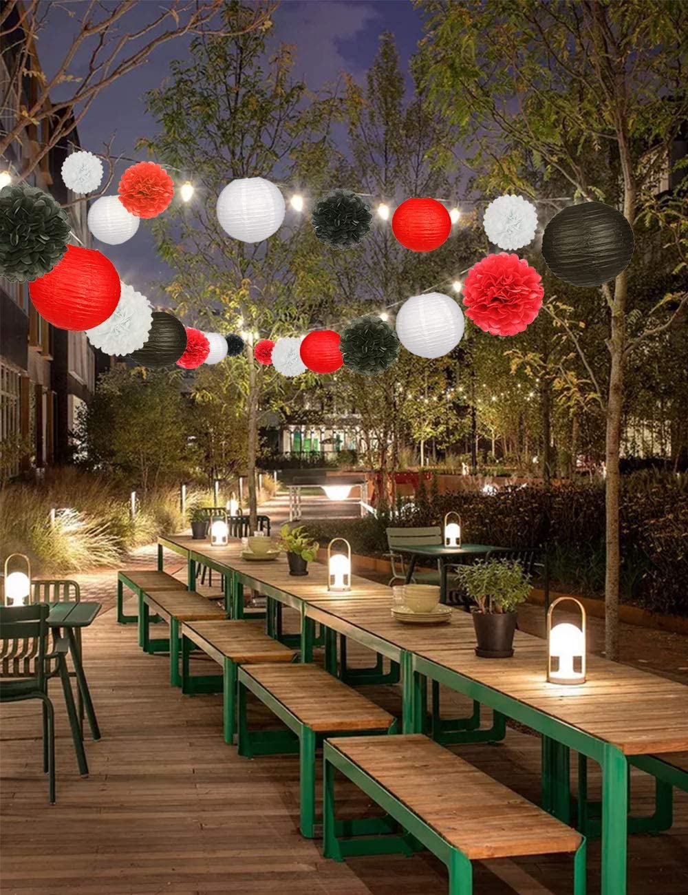 Red, Black And White Tissue Paper Pom Poms And Paper Lanterns -Casino Party, Movie party Decorations