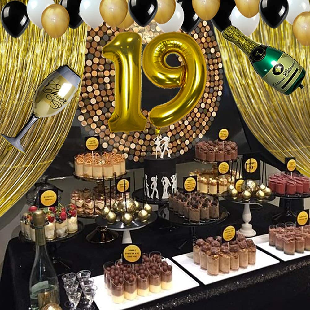 Party Decorations Supplies, Number 1 and 9 Balloons Gold Foil Fringe Curtains Backdrop Props Champagne Bottle Wine Glass Balloons Decoration for Bachelor Celebration (19th Birthday)