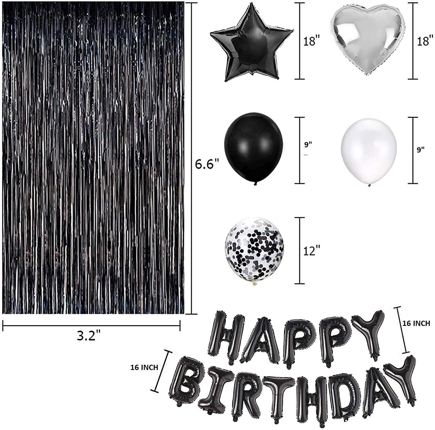 Black Birthday Party Decorations Set with Happy Birthday Balloons Banner, Confetti Balloons, Foil Fringe Curtain for Birthday Party Supplies (Birthday)